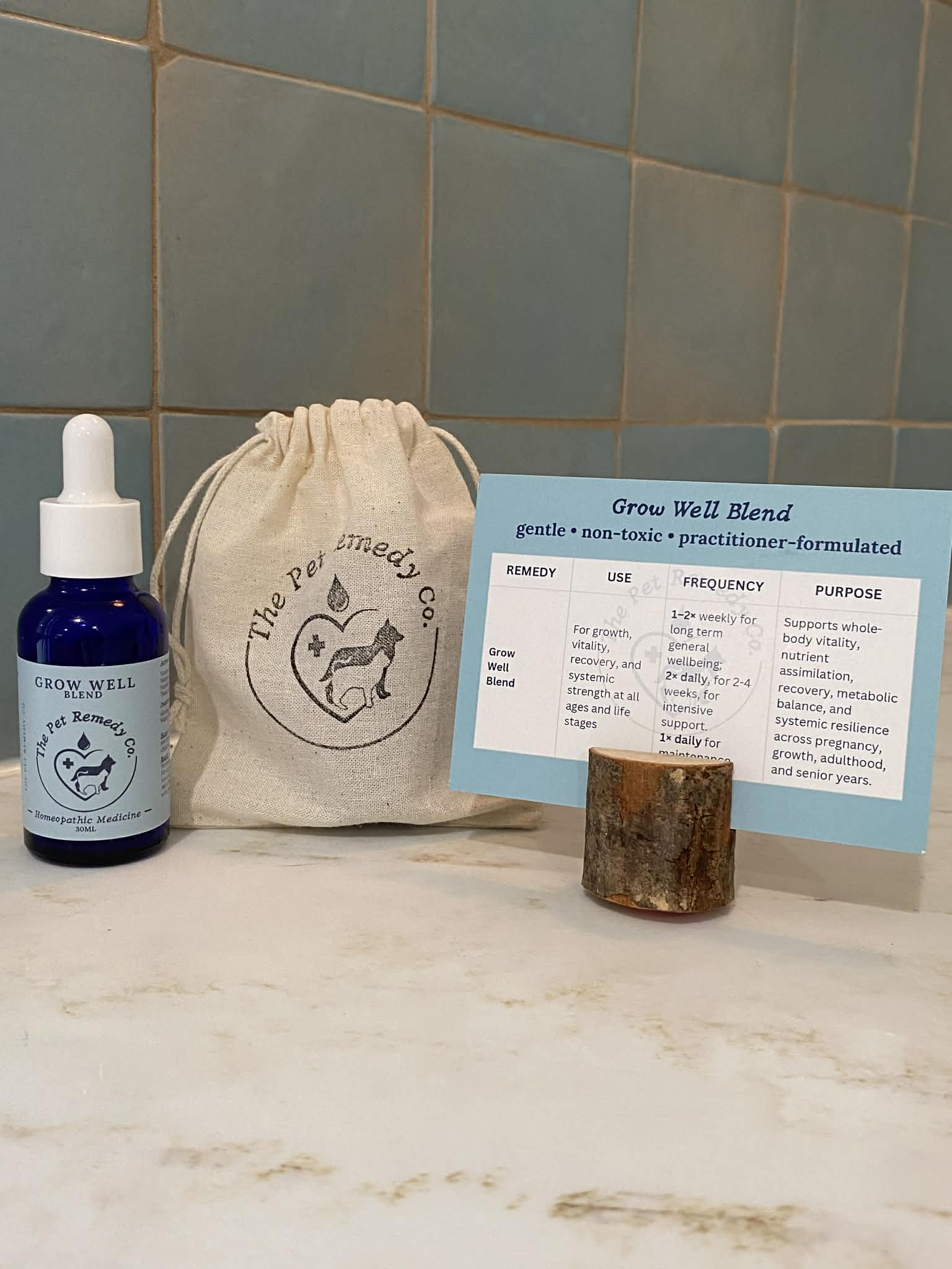 Grow Well Blend homeopathic vitality and growth support remedy for pets with instruction card