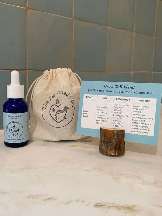 Grow Well Blend homeopathic vitality and growth support remedy for pets with instruction card